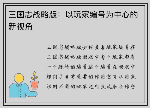 三国志战略版：以玩家编号为中心的新视角